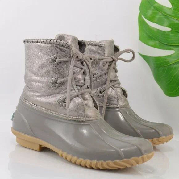 Jack Rogers Womens Hayley Duck Boot Size 8 Gray Silver Lace-Up Rubber Leather - Picture 2 of 12